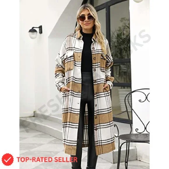 Oversized Plaid Trench Coat Women's Flannel Shacket Classic Fall Layering Piece